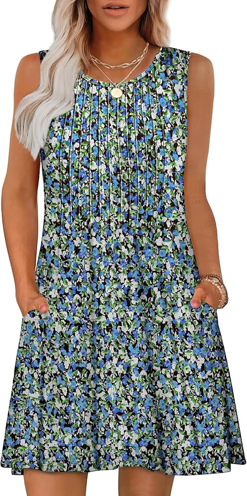 OFEEFAN Summer Dresses for Women 2025 Loose Beach Vacation Casual Crew Neck Sleeveless Sundresses... | Amazon (US)
