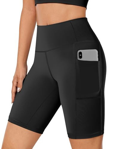 Womens Biker Shorts with Pockets 8" Inch High Waisted Compression Workout Stretchy Shorts for Summer Yoga Tummy Control Gym Running Athletic Soft Leggings Knee Length Bike Short Black | Amazon (US)