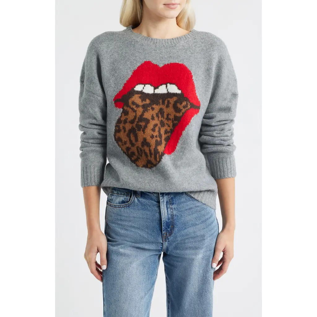 Lucky Brand Cloud Soft Rolling Stones Hot Lips Intarsia Sweater in Medium Heather Gray at Nordstrom, Size X-Small | Nordstrom