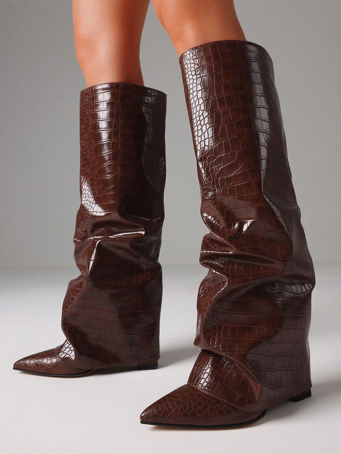 Heel Knee High Shark Boots For Women, Fold Over Ruched Slouchy Pleated Boots With Pointed Toe Pul... | SHEIN