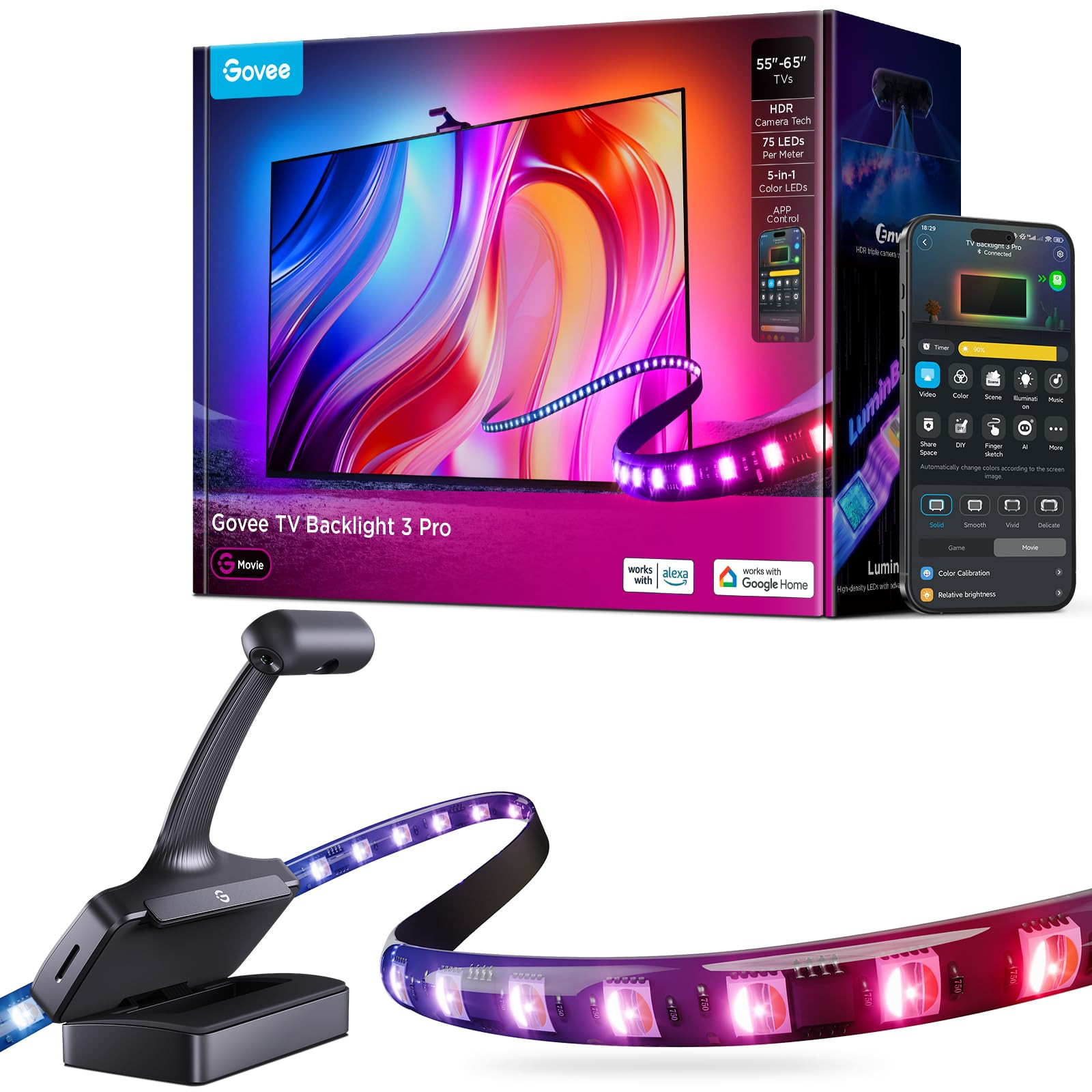 Govee TV Backlight 3 Pro with HDR Triple Camera, 11.8ft 5-in-1 RGBWWIC LED Strip Lights That Change with 55-65 Inch TVs, 75LEDs/m, Supports AI Filter, Smart App and Voice Control, DreamView Sync | Amazon (US)