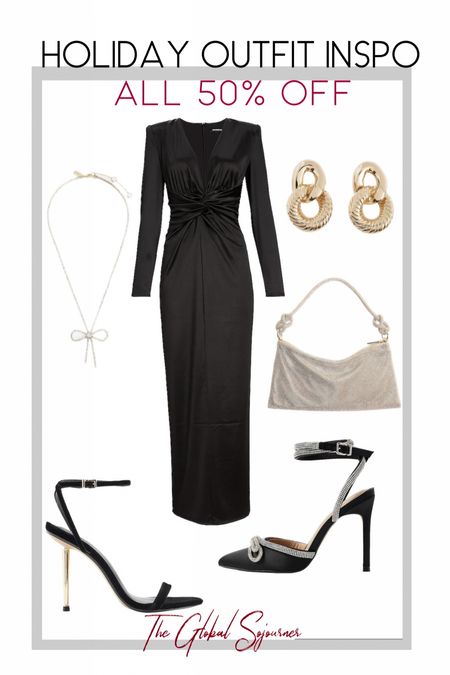 Holiday outfit inspiration.
This entire outfit is from Express and on major sale! Up to 50% off all items for express insider members! 
Black long sleeve satin dress 
Black & gold heels 
Gold embellished handbag 
Gold statement earrings 


#LTKstyletip #LTKsalealert #LTKHoliday