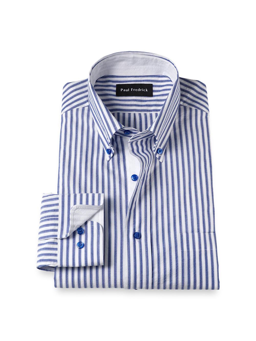 Seersucker Stripe Dress Shirt With Contrast Trim - White/blue | Paul Fredrick MenStyle