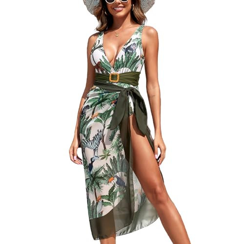 Women's One Piece Swimsuit with Cover Up Set Wrap Skirt Sleeveless Floral Beach Swimwear Sarong B... | Amazon (US)