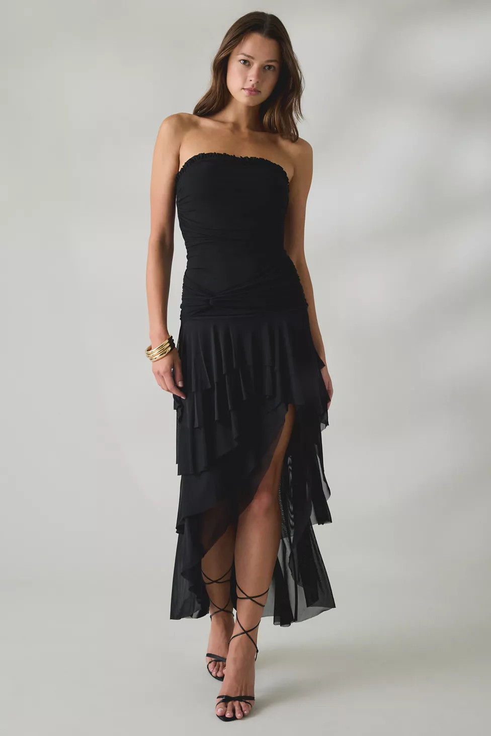 UO Sofie Asymmetric Ruffle Mesh Strapless Midi Dress | Urban Outfitters (US and RoW)