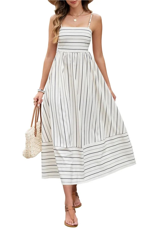 HVEOO Women's Summer Striped Spaghetti Strap Maxi Dress Boho Smocked Beach Sundress, Apricot | Walmart (US)