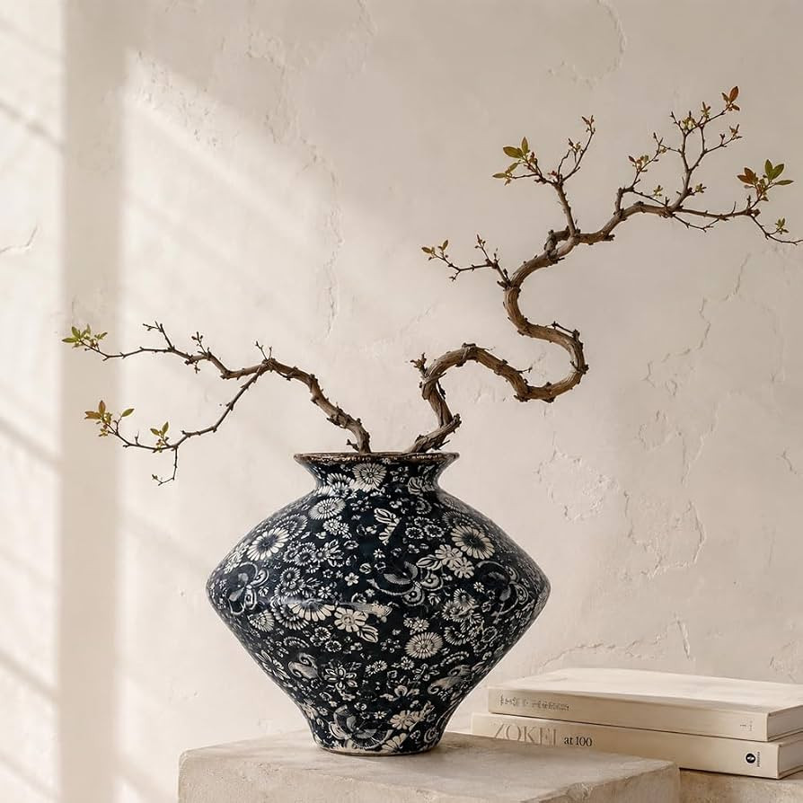 Wabi Sabi Vase, Navy Blue Botanical Ceramic Vase for Home Decor, Large Blue and White Vintage Vas... | Amazon (US)