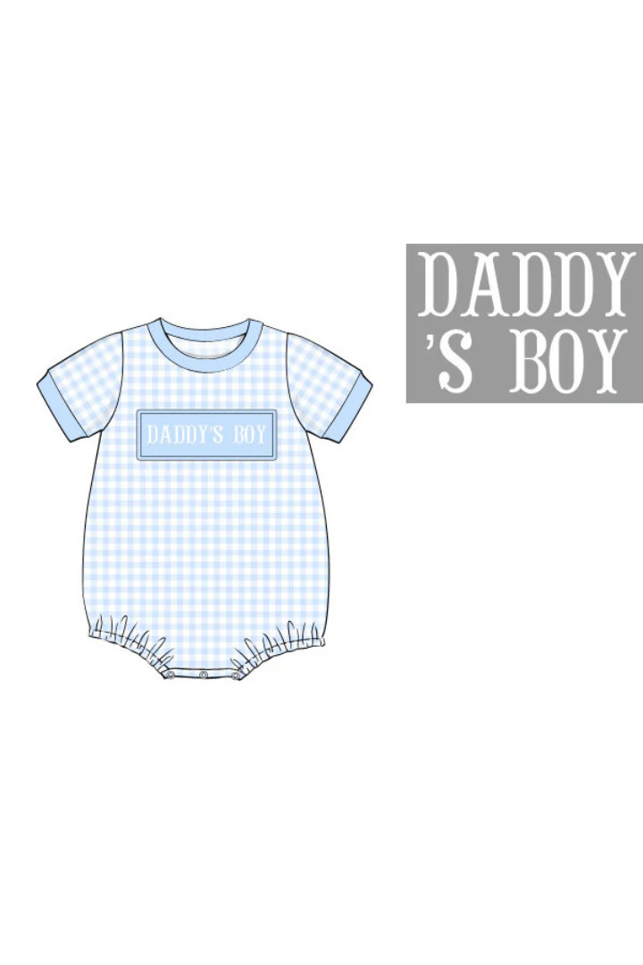 Pre-Order Smocked Daddy's Boy Blue Gingham Knit bubble | The Smocked Flamingo