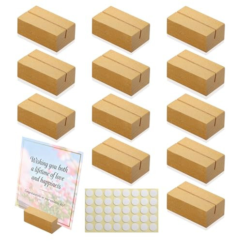 Worown 12 Pcs Mini Wooden Place Card Holders, Small Wooden Table Number Stands, Name, Price Tags Stands for Party Buffet, Wedding, Cafe Bar, Dining Room ( Gold-Includes Adhesive Stickers) | Amazon (US)