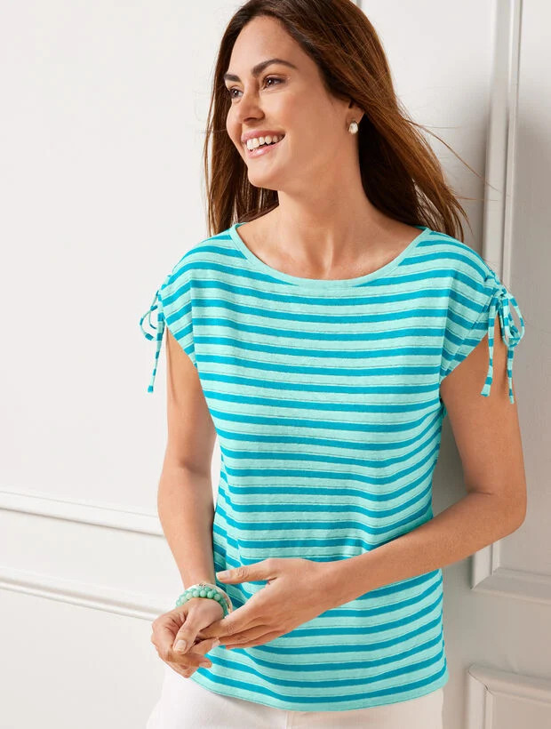 Cinched Shoulder Bateau Neck Tee - Capri Stripe | Talbots