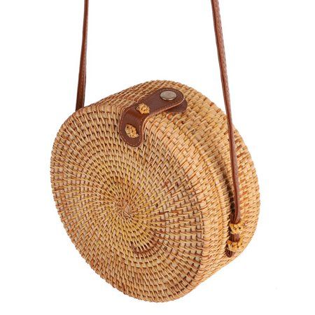 Handwoven Round Rattan Bag Shoulder Leather Straps Natural Chic Circle Handbag | Walmart (US)