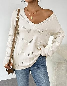 Zeagoo Womens Sweaters Trendy Fashion Long Sleeve Sweaters Off Shoulder Crochet V Neck Knit Pullo... | Amazon (US)