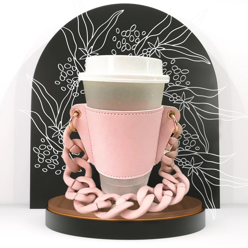 Pink Leather Reusable Coffee Sleeve With Pink Chain | Etsy | Etsy (US)