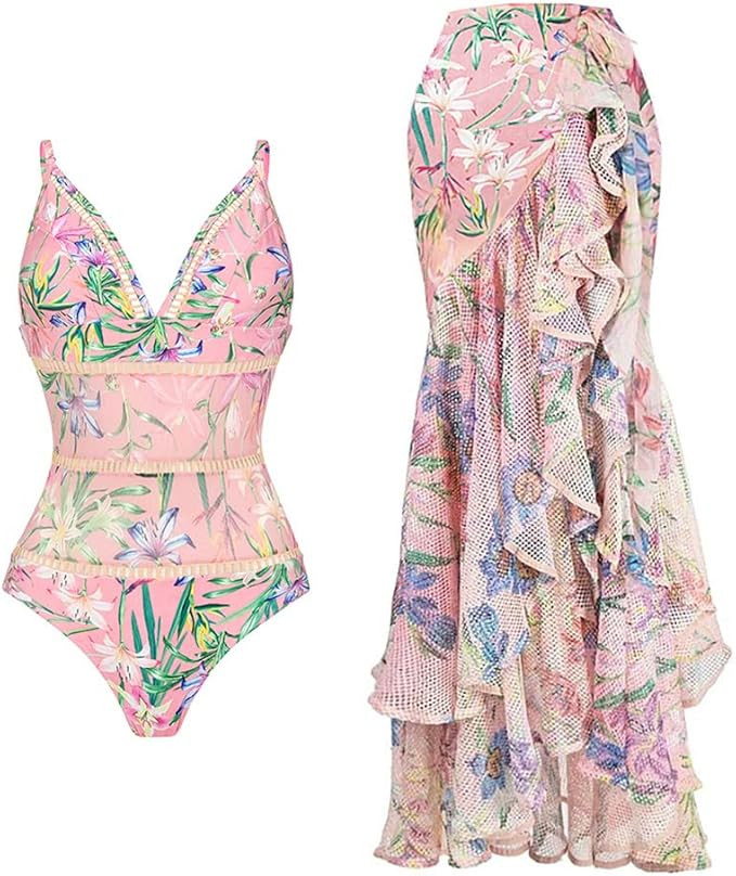 IDOPIP Women's One Piece Swimsuit with Beach Cover up Wrap Skirt Sarong Retro Floral Print Bikini... | Amazon (US)