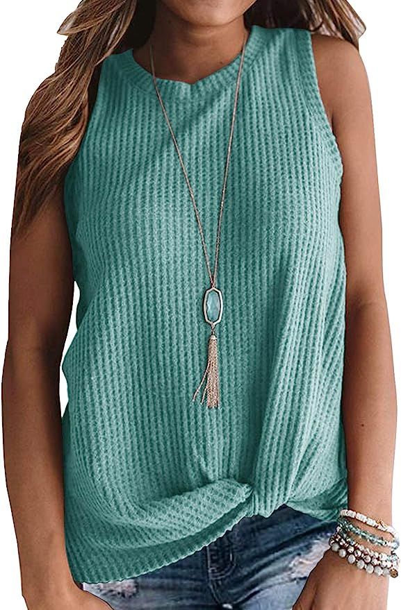 IWOLLENCE Womens Waffle Knit Tunic Casual Blouse Sleeveless Cute Twist Knot Tank Tops | Amazon (US)