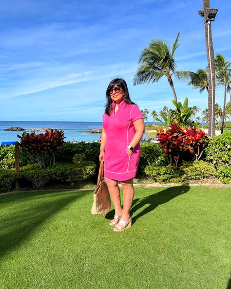 Tommy Bahama Pink Half Zip Short Sleeve dress size medium. Jack Rogers gold Lauren cork wedge sandals on sale 50% off. J. Crew straw tote bag on sale 50% off + 10% off. 

#liketkit @shop.ltk https://liketk.it/3VYEc

Vacation style, resort wear, beach vacation outfit idea, Hawaii outfit idea, beach dress, pink knit dress, vacation outfit idea, tropical vacation outfit idea


#LTKtravel #LTKCyberweek #LTKstyletip