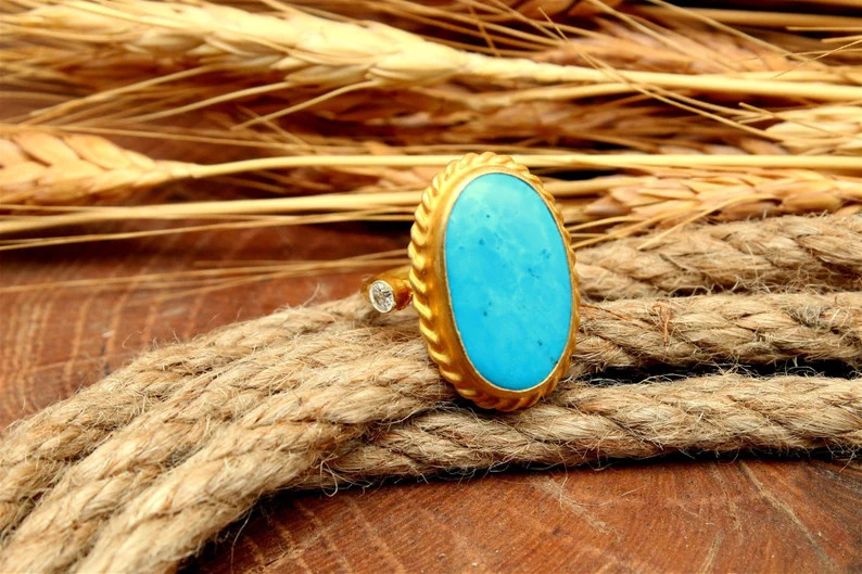 Large Oval Turquoise Silver Ring, Gemstone Turquoise Ring, Sterling Silver Ring, Wedding Ring, En... | Etsy (US)