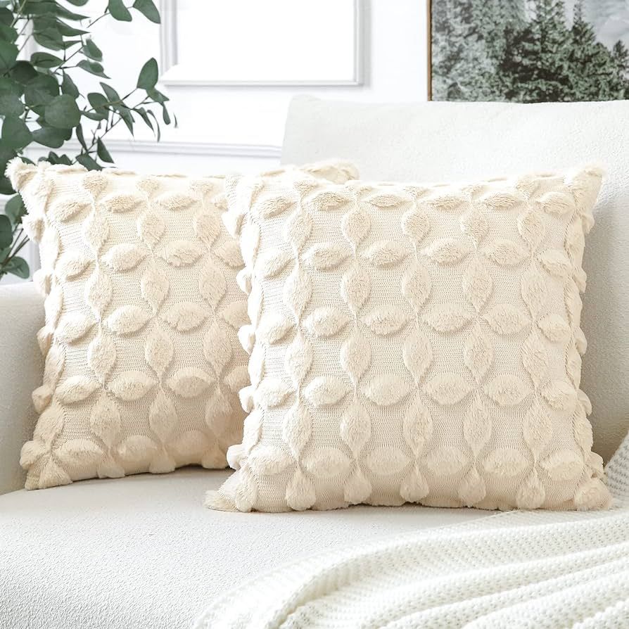 OTOSTAR Set of 2 Soft Plush Short Wool Velvet Decorative Throw Pillow Covers with 3D Flower Patte... | Amazon (US)