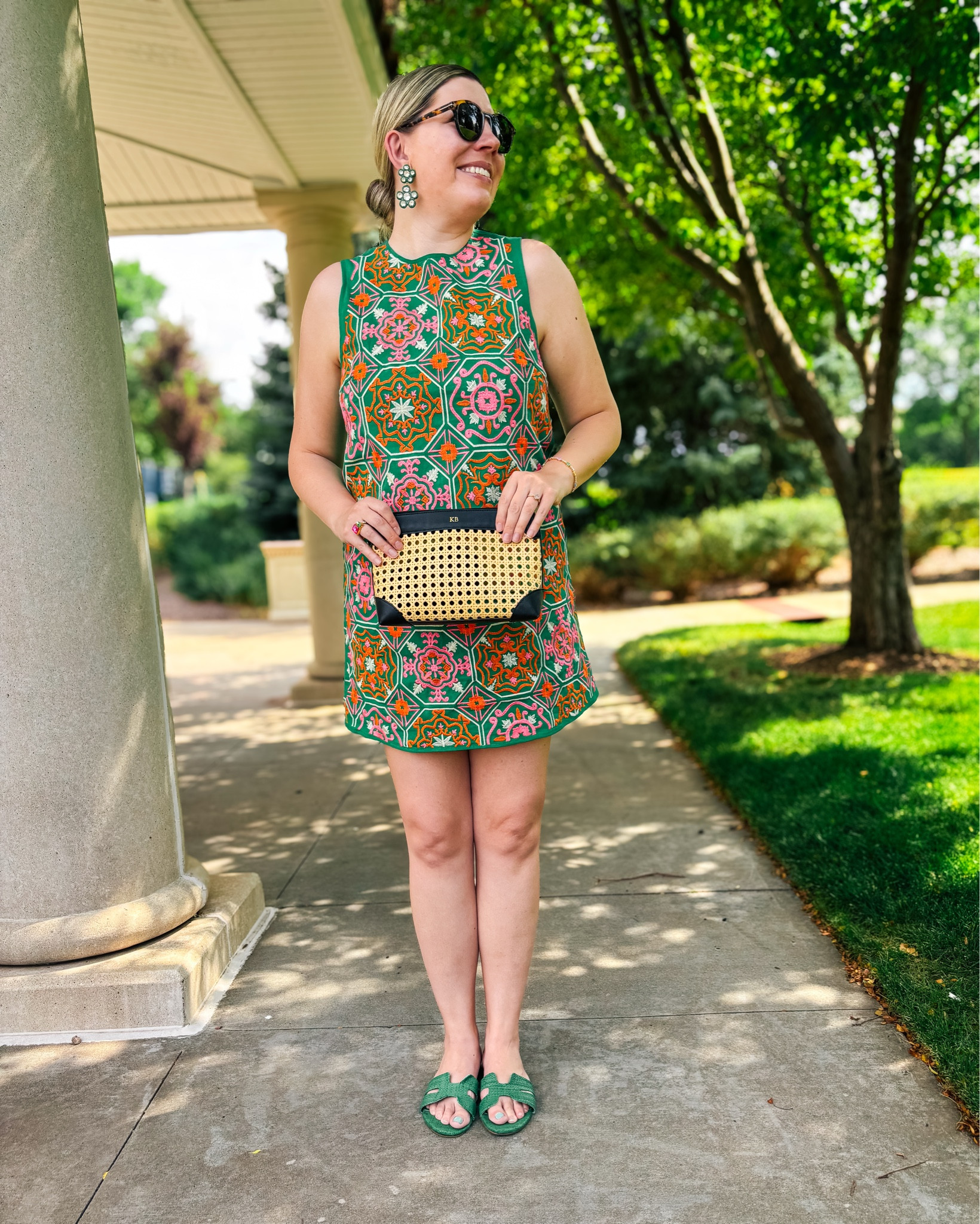 Look 16 - The Life of The Party
Every time I wear this dress, I feel like I’m strolling through a tiled courtyard somewhere warm instantly relaxed and vacation-ing. 🧳 ☀️ 

This dress has that a gorgeous pattern (if you’ve been around you know how obsessed I am with tile prints!), and it’s even better in person. 

About this series:
This look is part of The Garden Society, my current capsule - a sun-drenched celebration of color, charm, and mid-summer outings. Check out the series for unique blooms, hostess moments, citrus hues, and a touch of retro glamour. 🌸🍋🌿

Dress - Avara (linked)
Bag - Mark and Graham (linked)
Earrings - Tuckernuck, past collection with Atlantic Pacific (secondhand pair linked!)
Sunglasses - Tom Ford (linked)
Bracelet and ring - Rocksbox
Shoes - Belk (linked)

#GardenSocietyCapsule
#AvaraStyle #ShopAvara #AvaraAddict #ColorfulStyle #SummerToFallStyle #CapsuleWardrobe #StyleInColor #ColorLover #LTKStyle #LTKSeasonal #MaximalStyle #BoldPrints #RetroGlam #PreFallStyle #OutfitInspo #ClosetCharacter

#LTKSeasonal #LTKStyleTip #LTKItBag
