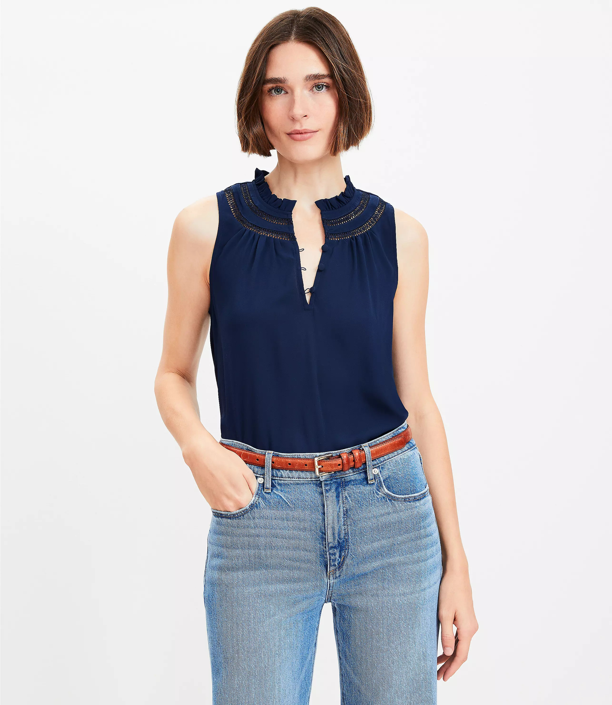 Cutout Ruffle Neck Shell | LOFT