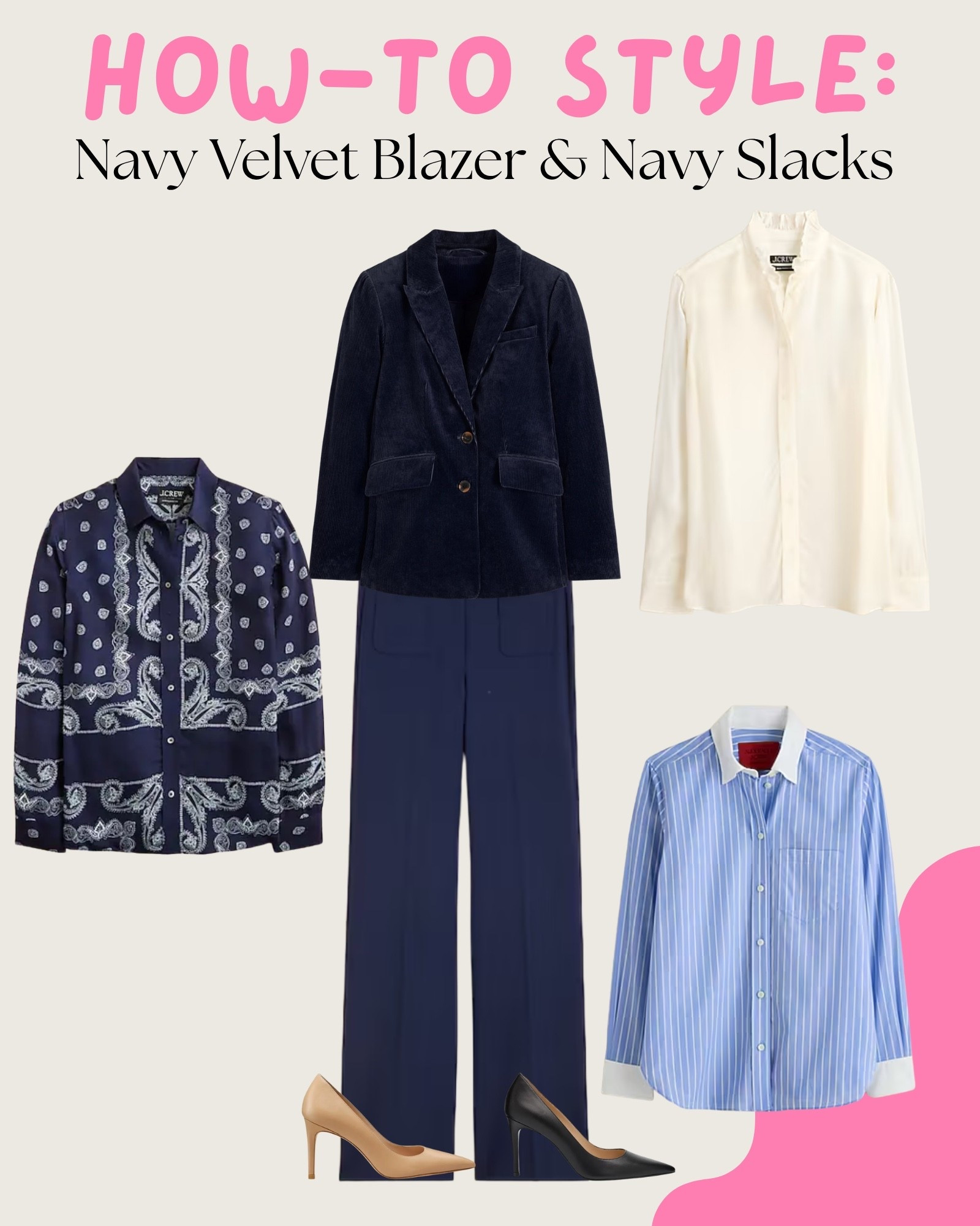 Almost everyone has a navy or black blazer in their closet. Sometimes we need a little refresh to give it new life. 🪄

Here is idea one, a safe option for the office. The bold navy bandana print shirt is fun and really stands out! I can see that top being worn a lot outside of the office too. ⭐️

#LTKStyleTip #LTKWorkwear #LTKSeasonal