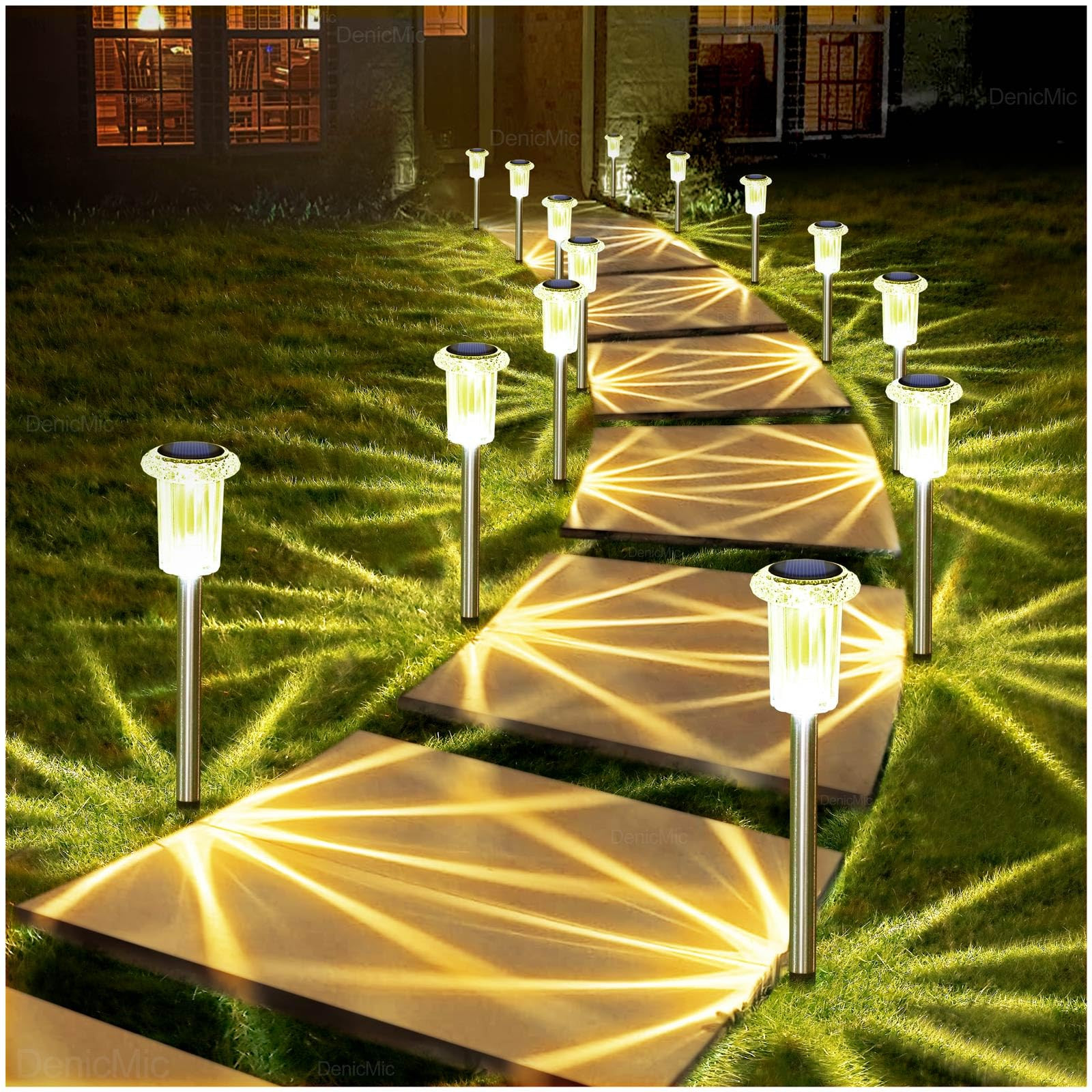 DenicMic Solar Lights Outdoor 10 Pack Waterproof 3000K Warm White LED Stainless Steel Stake Outsi... | Amazon (US)