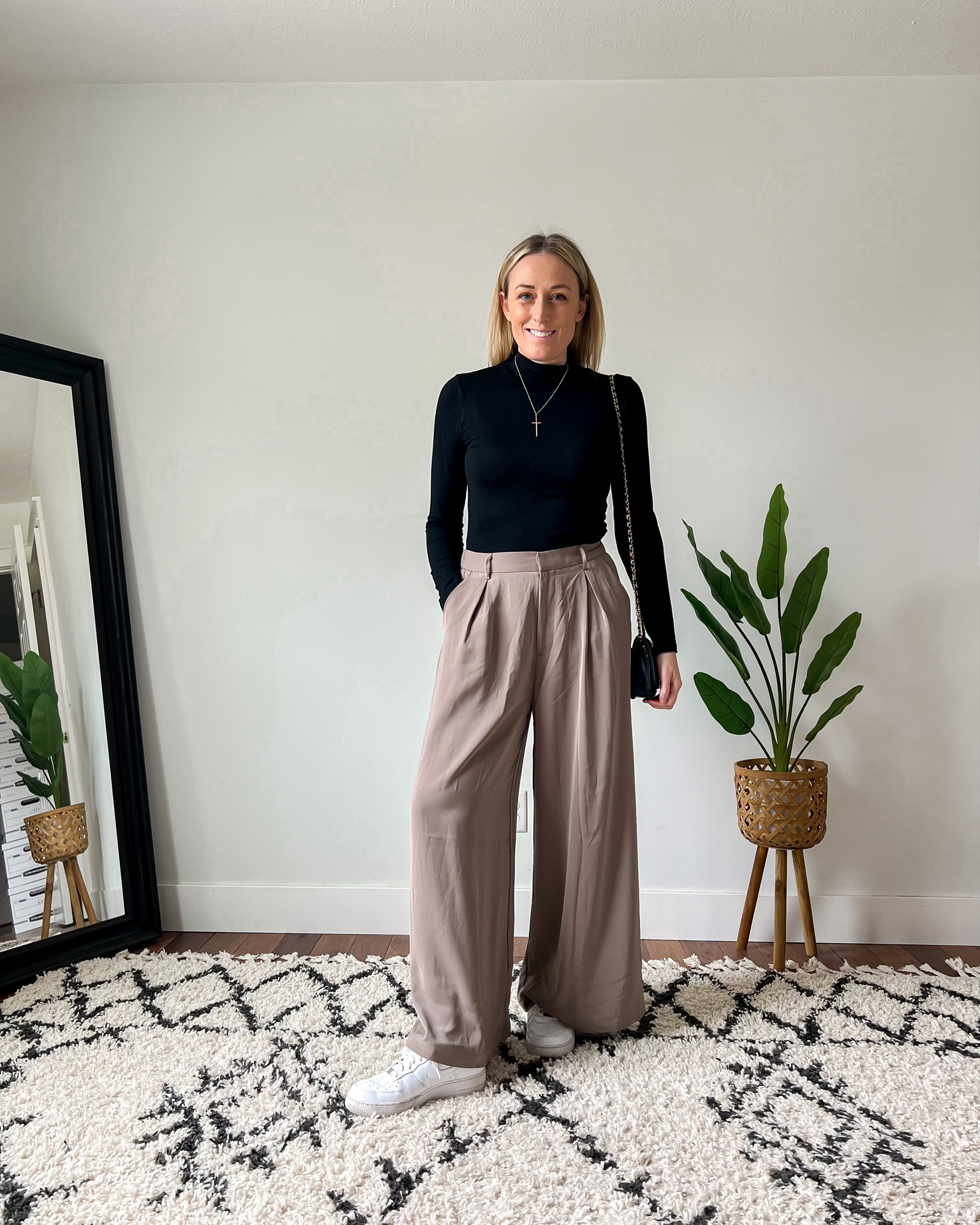 Black turtleneck bodysuit: Medium
Beige wide leg pants: Medium

Fall outfits. Winter outfits. Casual outfits. Amazon fashion. Amazon tops. Amazon style. Preppy outfits. Minimalistic style. Gray graphic tee. Wide leg pants. Air Forces. Black crossbody bag. Black turtleneck bodysuit. Beige wide leg pants. Black square heel boots. Black quarter-zip pullover sweater. Faux leather leggings. Sneakers. Striped sweater. Black leather pants. Loafers. Light gray half-zip pullover. Flare leggings. Clogs. Tan graphic sweatshirt. Black joggers. Running shoes. Black belt bag.

#LTKSeasonal #LTKunder50 #LTKunder100