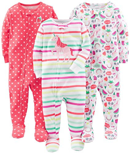 Simple Joys by Carter's Girls' 3-Pack Snug Fit Footed Cotton Pajamas, Coral Orange Hearts/Light Pink Fruit Print/White Unicorn, 12 Months | Amazon (US)