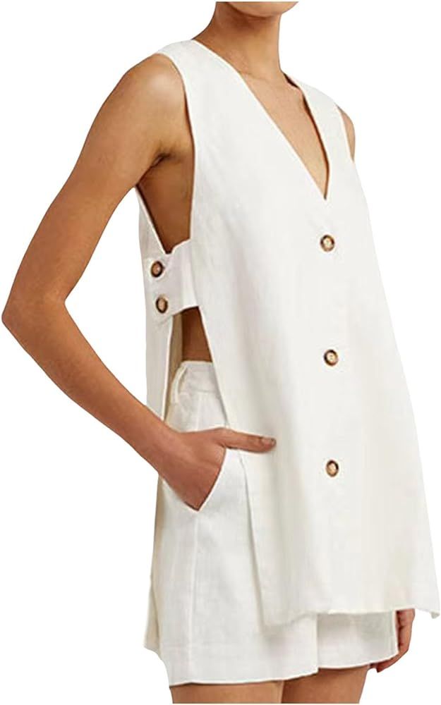 Womens Summer 2 Piece Outfits V Neck Sleeveless Sets Button Down Vest Waistcoat & Pockets Shorts ... | Amazon (US)