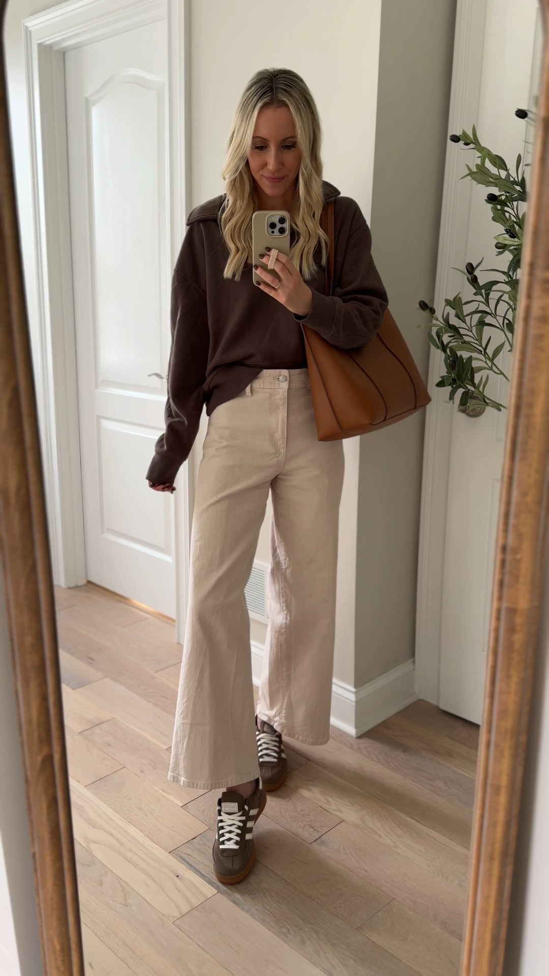 New + on sale at Target // Realistic outfit idea 30% off‼️ An everyday outfit I’ll actually wear often! This pullover is giving Aerie and is so soft on the inside! I also have it in cream and black! So cute with leggings, too! And these wide leg sailor jeans- I love them so much, I have them in just about every single wash! I size up one! Teacher-friendly and great for all day wear! And these brown handball adidas sneakers and this brown tote have been pieces I grab for often right now! Just love how this everyday easy outfit comes together for fall!

#LTKFindsUnder50 #LTKSaleAlert #LTKWorkwear