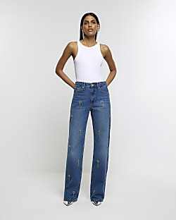 Blue embellished relaxed straight jeans | River Island (UK & IE)