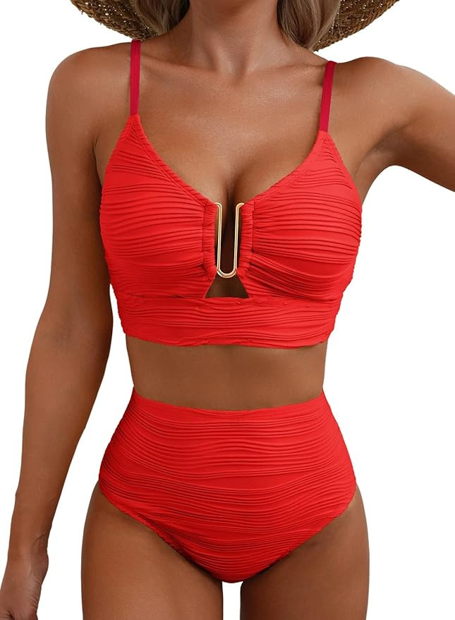 Herseas 2 Piece Bestselling Bikini Set U-Wire Cutout Swimsuit High Waisted Textured 2025 Summer B... | Amazon (US)