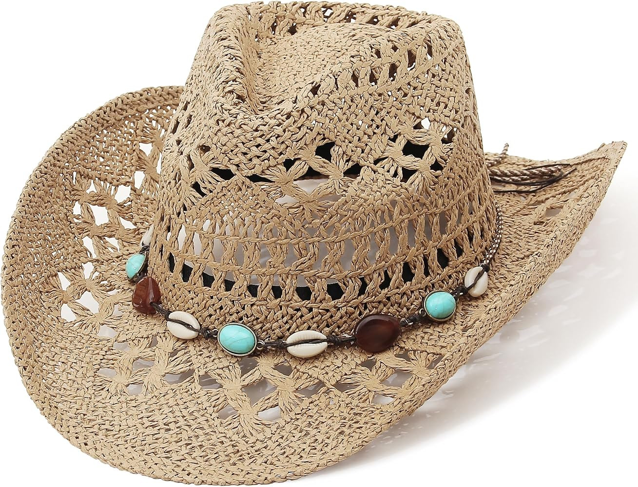 GEMVIE Turquoise Straw Cowboy Hat for Men Women Summer Western Cowgirl Hat Woven Hollow Out Wide ... | Amazon (US)