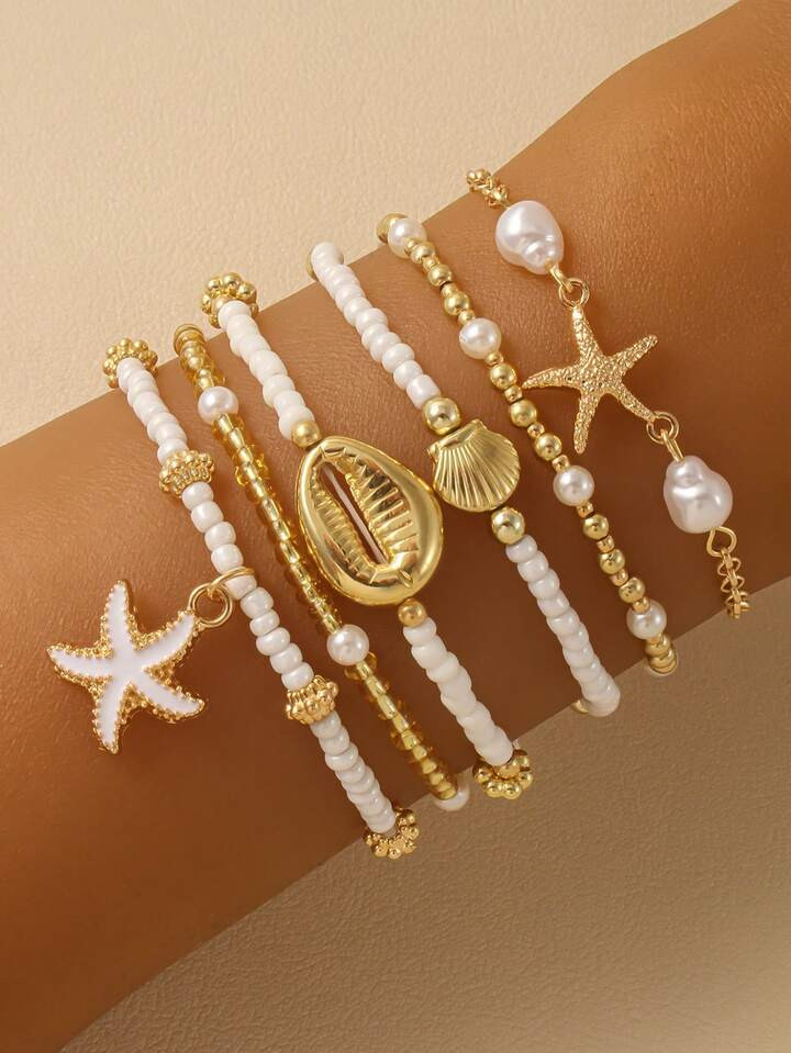 6pcs/Set Summer Beach Multilayer Stacked Pearl Bracelets, Fashionable Starfish & Shell Pendant Bracelet Set, Sexy Women Beach/Casual Date Jewelry Gift (Bead Quantity & Order Random) | SHEIN