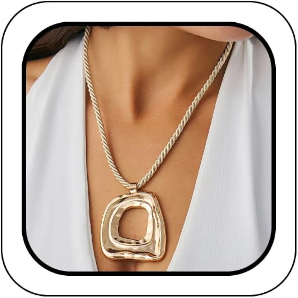 Chunky Gold Large Hollow Square Pendant Long Rope Necklaces for Women, Boho Big Silver Ethnic Sty... | Amazon (US)