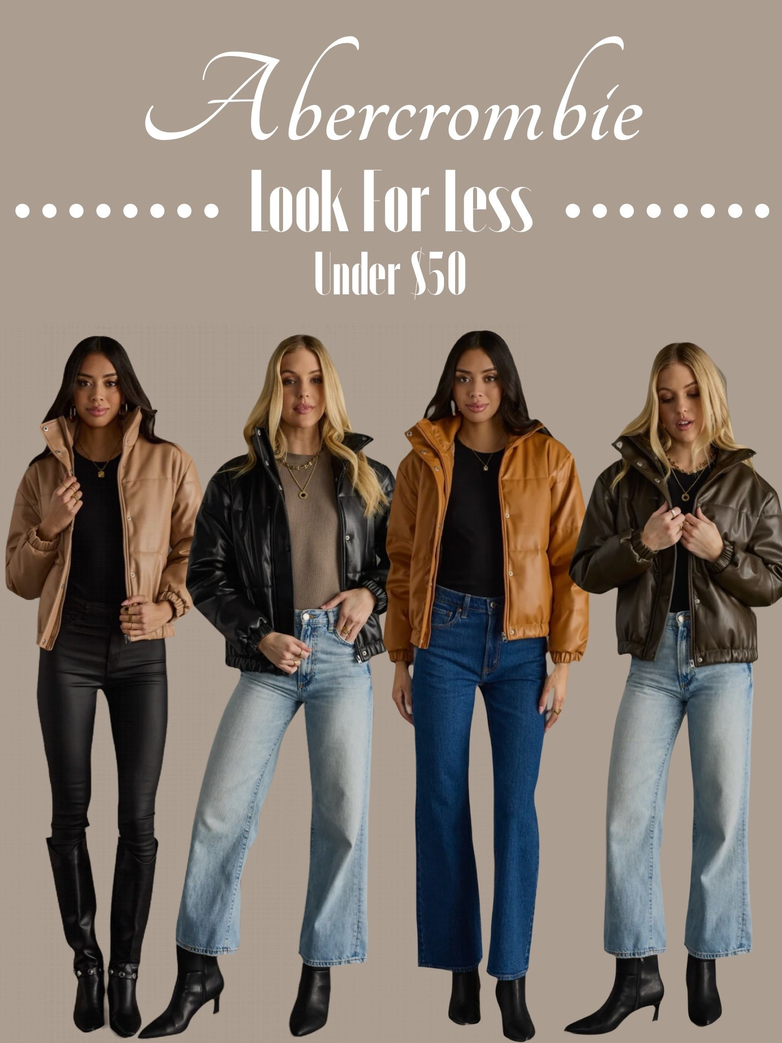 Gorgeous faux leather vibes without the Abercrombie price tag? YES please! This chic faux leather puffer coat is giving cool girl energy for a fraction of the cost — under $50 and totally on-trend. The perfect mix of polished + cozy, it instantly elevates jeans, leggings, or dressed-up basics. If you love that Abercrombie look but not the price, this is your sign to snag it before it sells out. Don’t miss this deal — it’s a cold-weather must-have.

Style it with: straight-leg denim, sleek boots, a simple tee or sweater, and gold jewelry for that effortless everyday outfit.

faux leather puffer jacket • faux leather jacket under $50 • Abercrombie look for less • affordable faux leather coat • women’s puffer jacket • budget winter jacket • neutral faux leather jacket • cropped puffer jacket • trendy jackets for women • fall winter fashion finds • LTK jacket finds • stylish jackets under $50

#LTKstyle #AbercrombieLookForLess #AffordableFashion #FauxLeatherJacket #PufferJacketStyle #WinterStyle #FallFashionFinds #NeutralStyle #CapsuleWardrobe #BudgetFriendlyStyle #EverydayOutfits #TrendingNow

#LTKFindsUnder50 #LTKSaleAlert #LTKootd