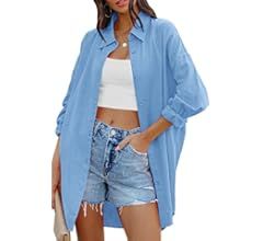 FSHAOES Womens Oversized Button Down Shirts Casual Loose Long Sleeve Solid Lapel Long Blouses Top... | Amazon (US)