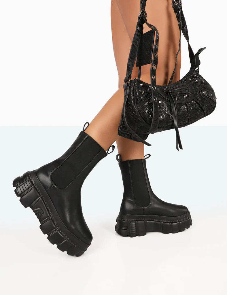 Banner Black PU Chunky Sole Ankle Boots | Public Desire (US & CA)