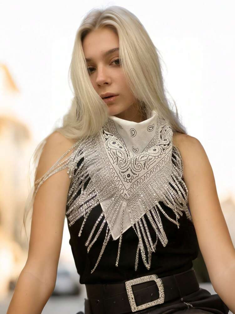 1pc Women's Bohemian Style Fringed Bandana Imitation Diamond Tassel Scarf, Suitable For Party, Wedding, Street, Party | SHEIN