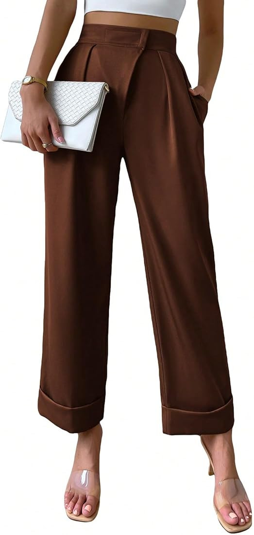 SweatyRocks Elegantes pantalones plisados de pierna ancha con dobladillo enrollable y cintura alt... | Amazon (US)