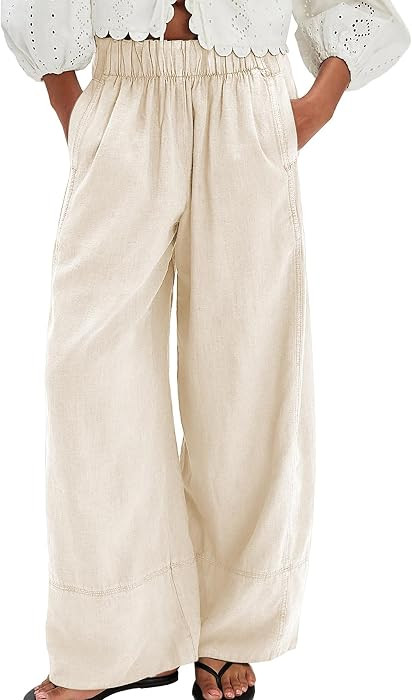 Wide Leg Linen Pants for Women Summer Cotton Casual Palazzo Pant Boho Flowy Beach Pants with Pock... | Amazon (US)