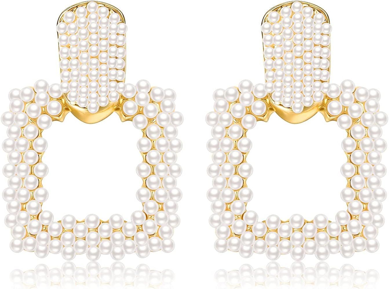 Pearl Drop Earrings for Women, Boho Faux Pearl Earrings Gold Dangle Stud Earrings Geometric Earrings | Amazon (US)
