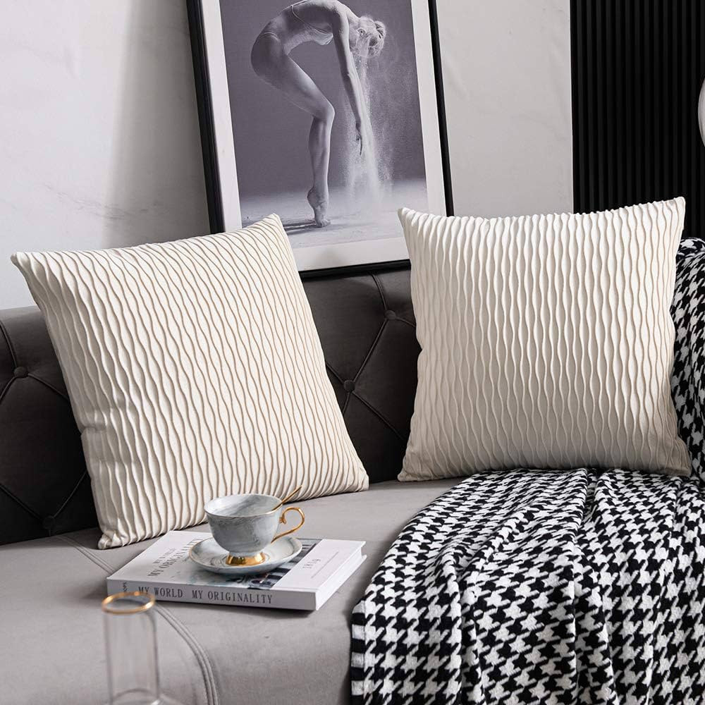 DEZENE Ivory White Couch Pillow Covers: 2 Pack 22x22 Inch Original Striped Velvet Square Throw Pi... | Amazon (US)