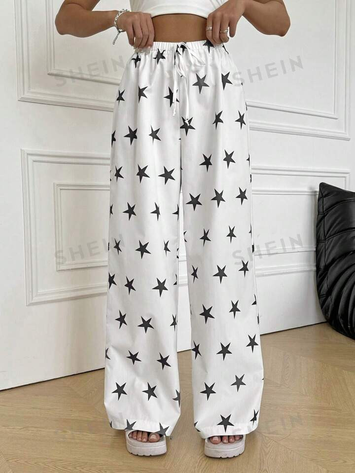 SHEIN EZwear Women's Star Print Knotted Casual Wide Leg Pants | SHEIN USA | SHEIN