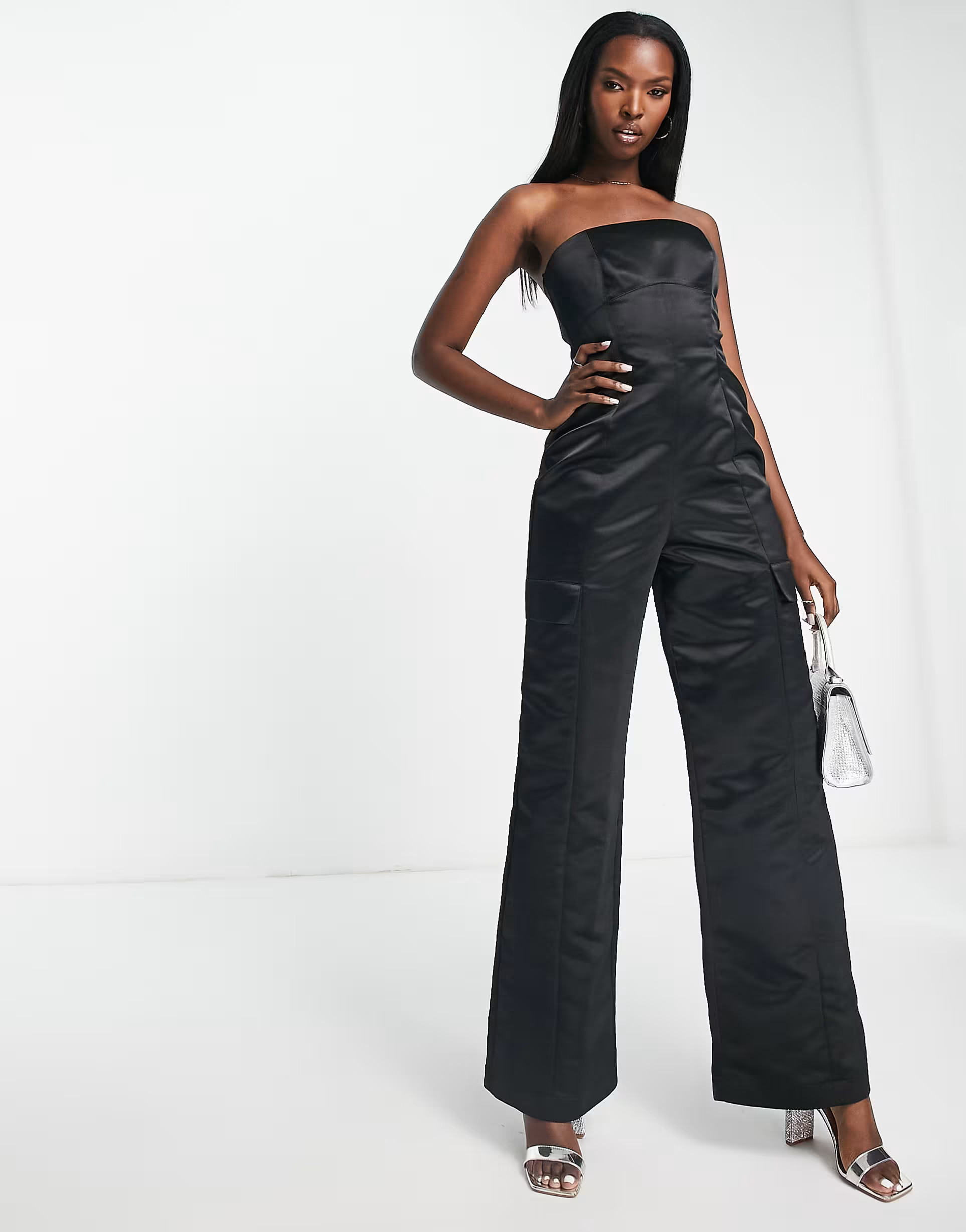 ASOS DESIGN structured satin cargo jumpsuit in black | ASOS (Global)