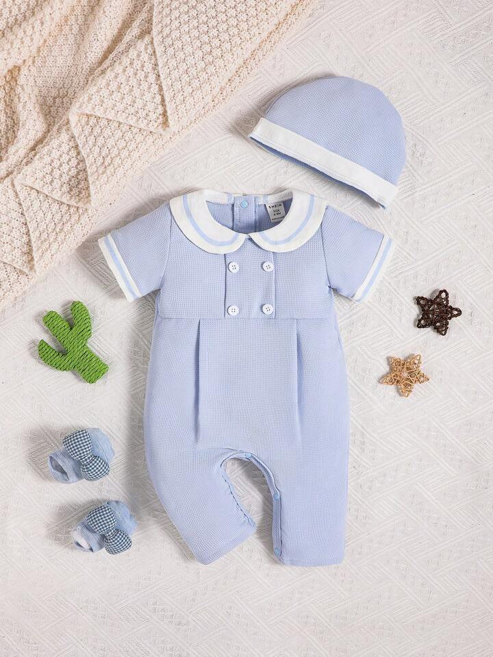 SHEIN Baby Striped Trim Fold Pleated Jumpsuit & Hat Set | SHEIN