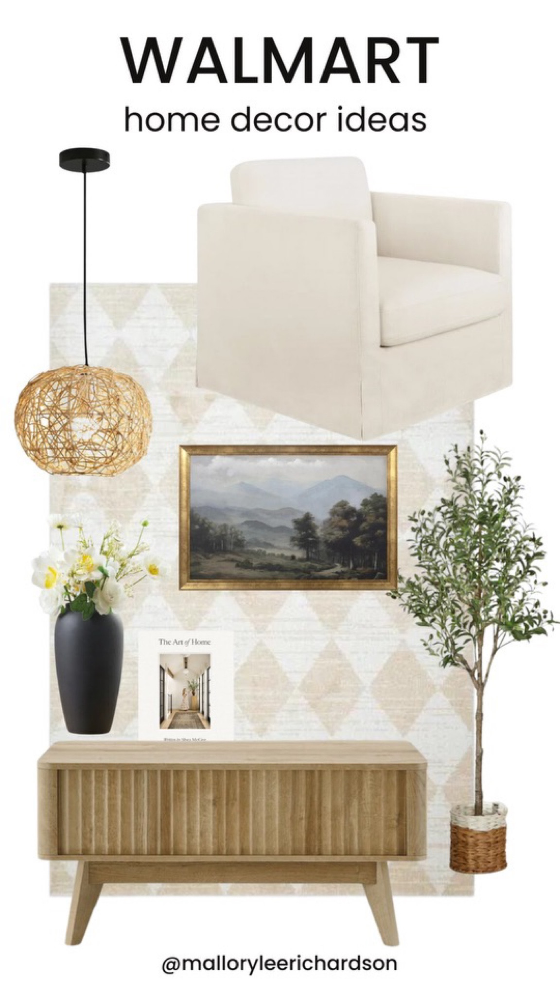 Walmart Home decor ideas! 
home decor, home inspo, black vase, wall art, checkered rug, neutral rug, chair, faux olive tree, coffee table, pendant light 

#LTKhome #LTKstyletip