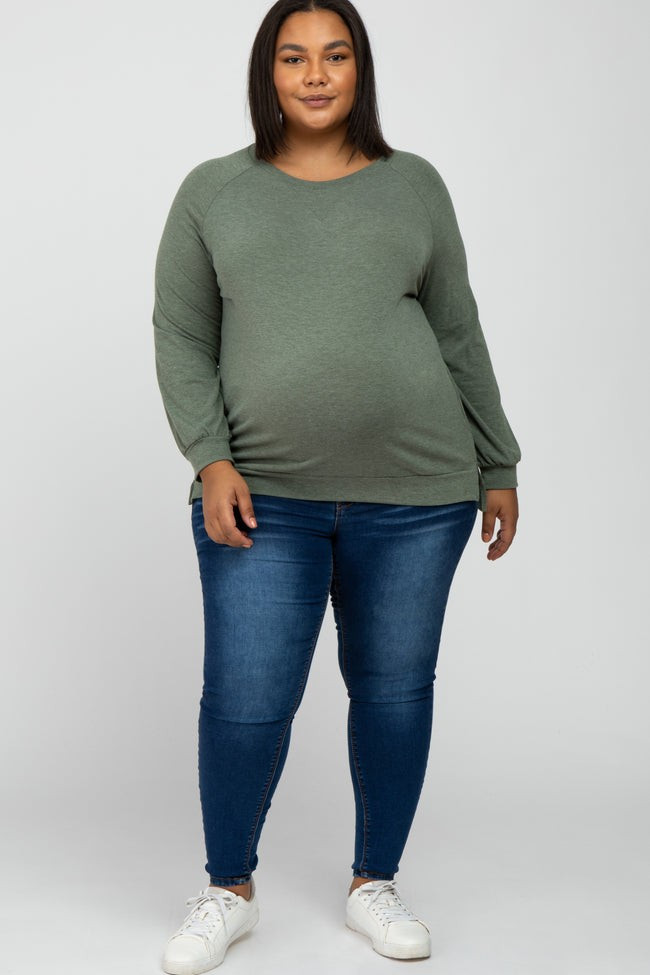 Olive Hi- Low Side Slit Long Sleeve Maternity Plus Top | PinkBlush Maternity