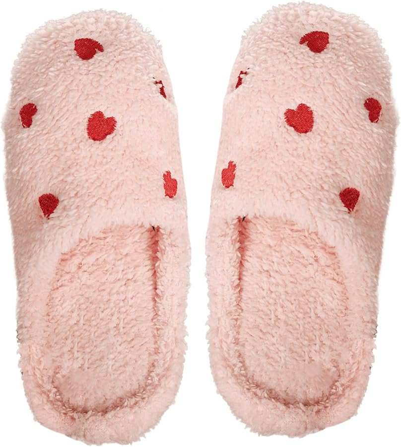 OYOANGLE Women's Heart Embroidered Fuzzy Slippers Close Toe Flat Indoor Slippers Trendy Warm Cozy... | Amazon (US)