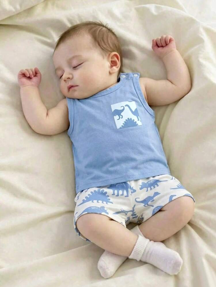 Playful Pals 2pcs/Set Newborn Baby Boy Casual Stylish Cute Dinosaur Print Sleeveless Top And Dino... | SHEIN